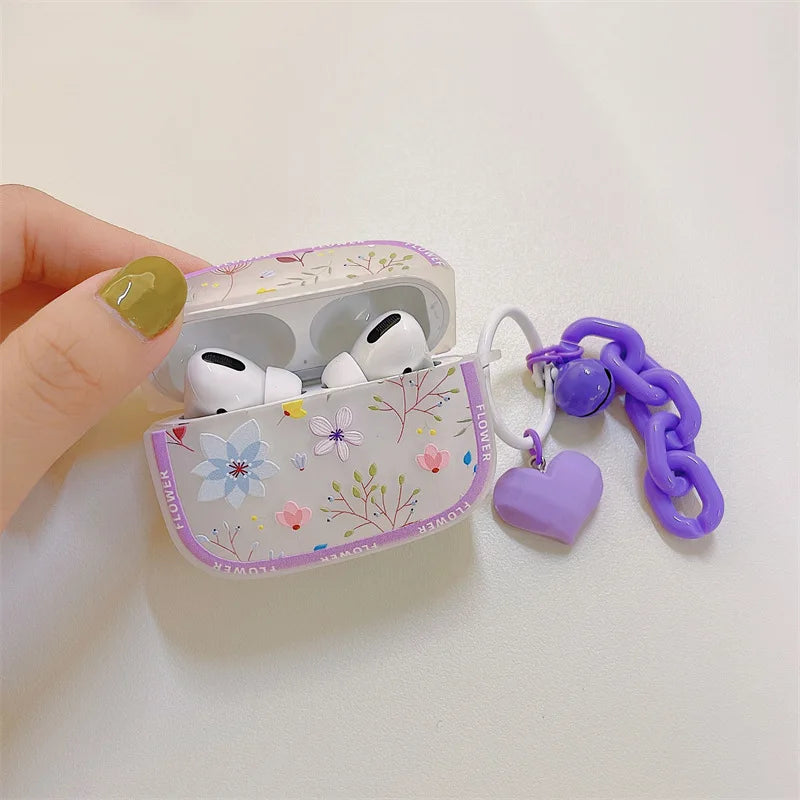 Lila florale AirPods-Hülle + LoveHeart-Anhänger