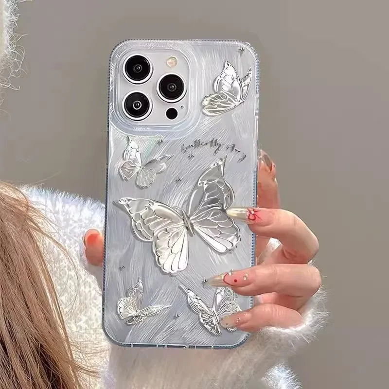 Luxuriöse iPhone-Hülle mit Schmetterling in Lasersilber