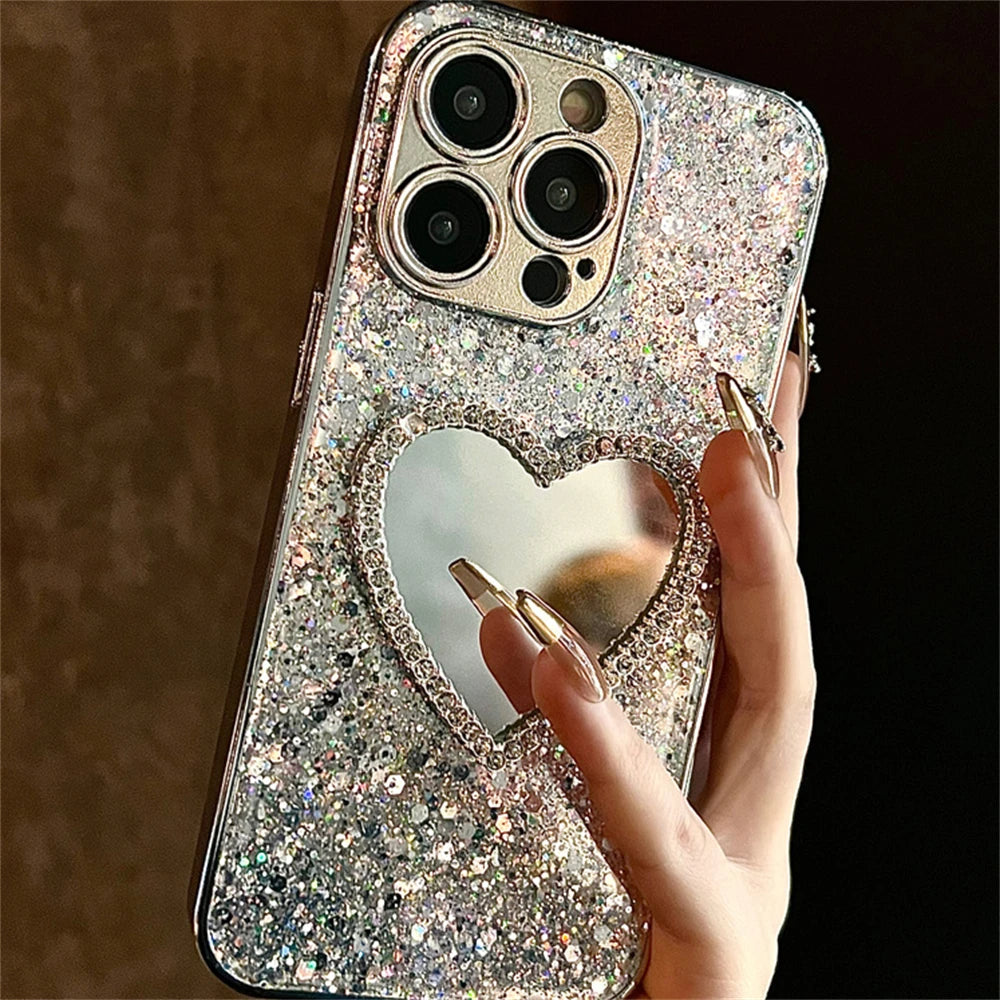 3D Love Heart Mirror Sequins iPhone Case