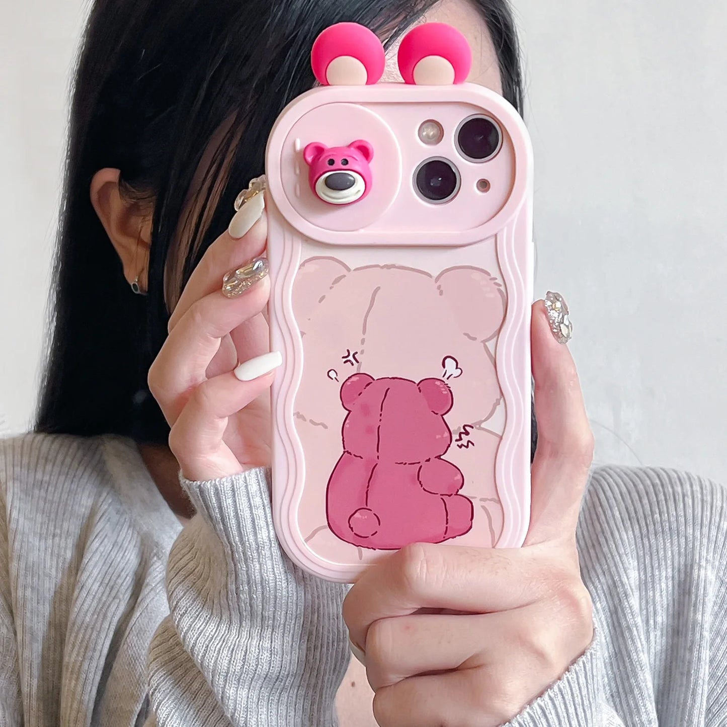 3D Ears Toy Winnie Minnie Stitch Sliding Camera iPhone Case