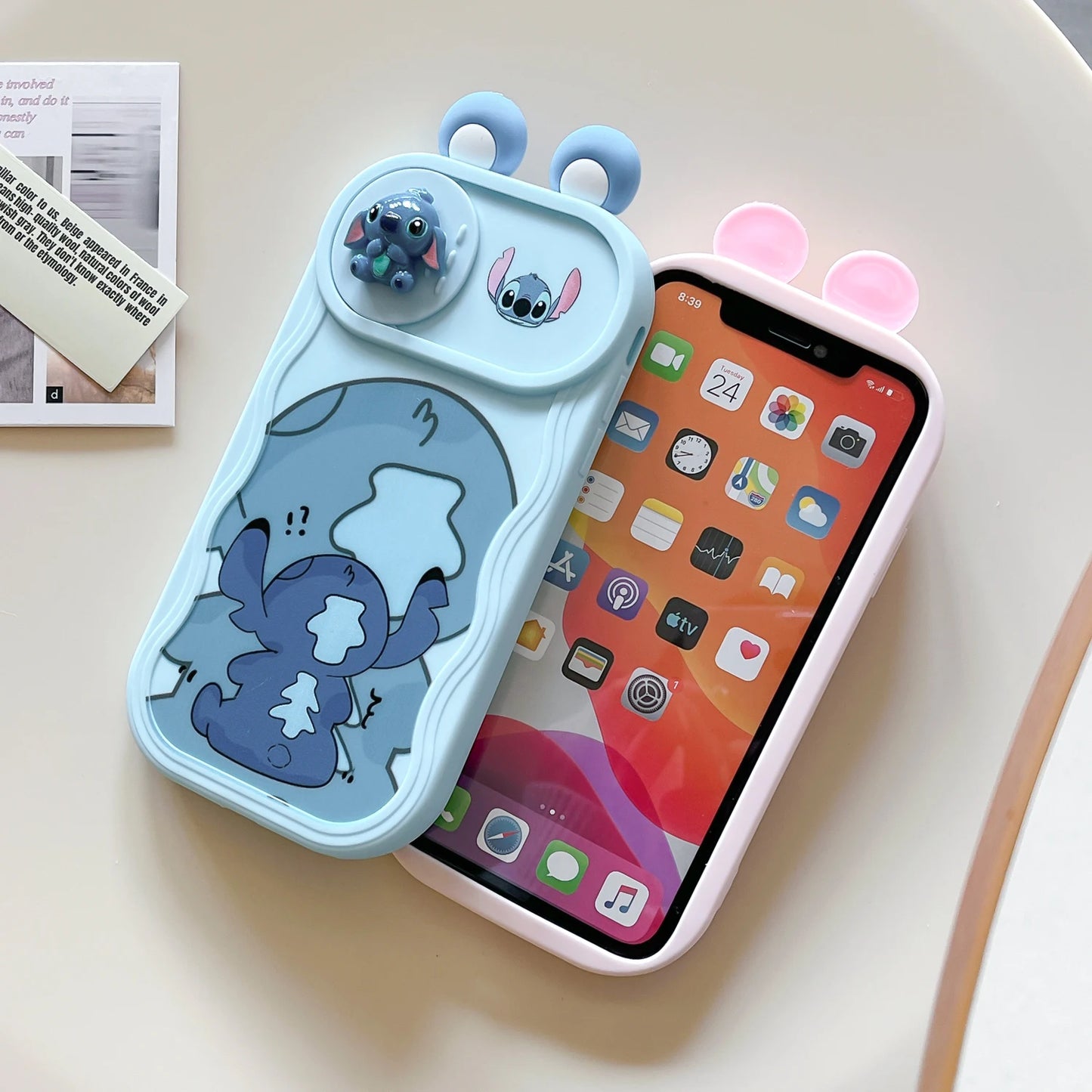 3D Ears Toy Winnie Minnie Stitch Sliding Camera iPhone Case