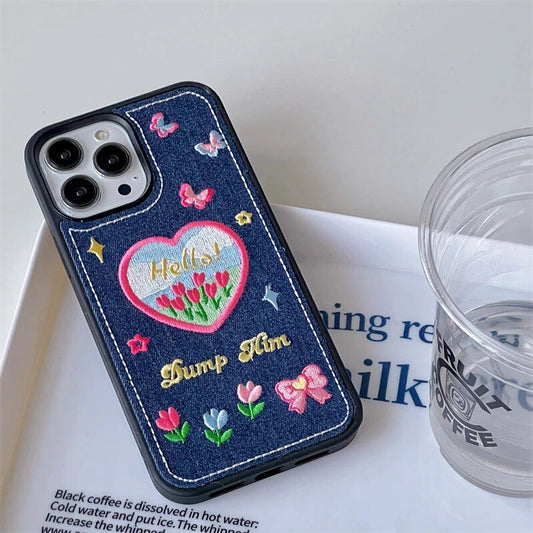 Denim LoveHeart Flower Case