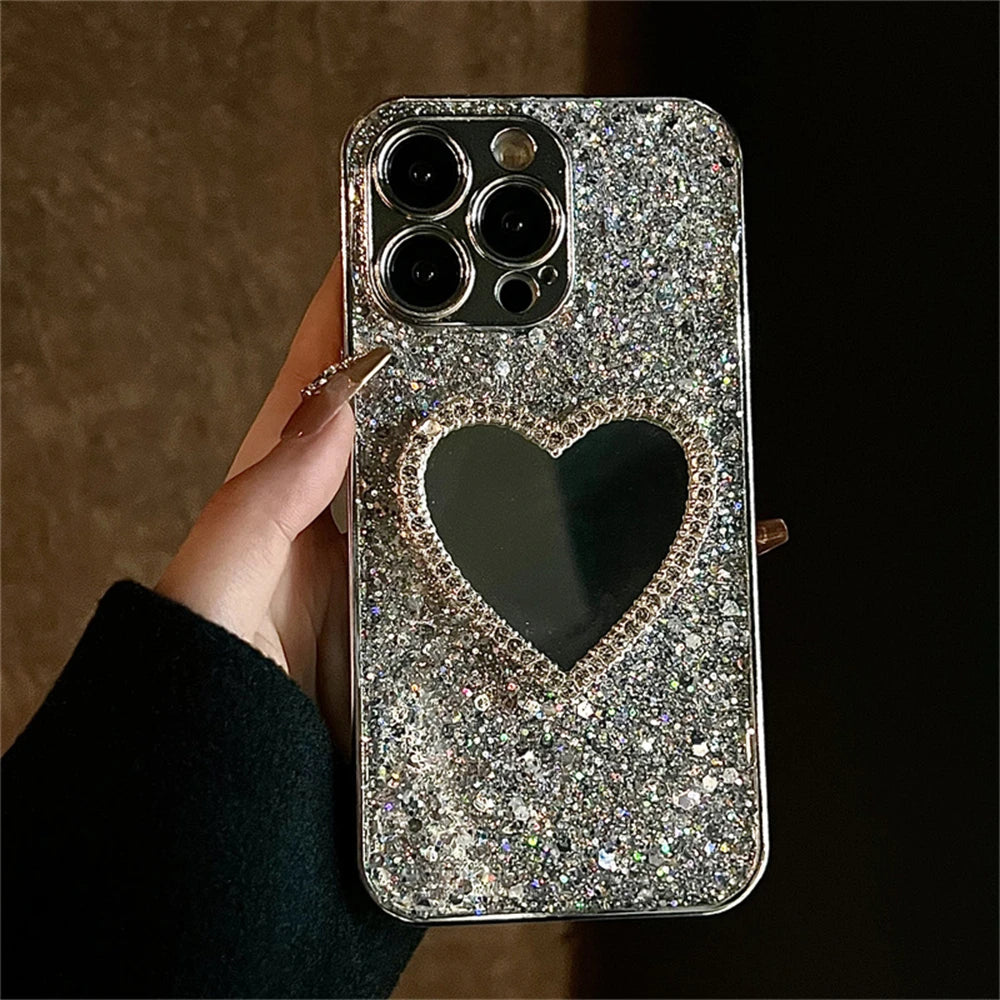 3D Love Heart Mirror Sequins iPhone Case